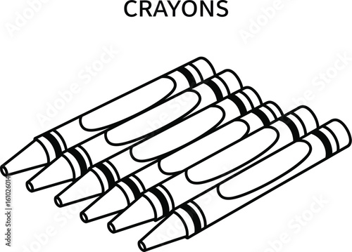 A simple line drawing showcases a set of crayons, perfect for coloring books, educational materials, and creative projects, emphasizing childhood, art supplies, and artistic expression.