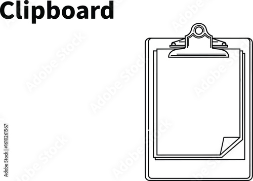 Outline illustration of a clipboard with blank paper, perfect for presentations, notes, or design mockups; a simple and clean graphic element for various creative projects.