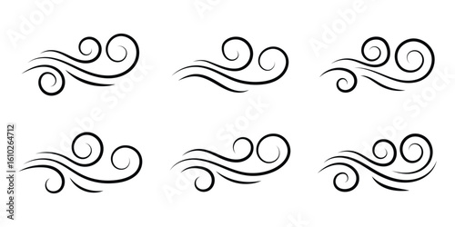 Wind icon set, wind blow line icon. Blowing wind outline icons. Windy weather symbol. Doodle line wind moving set. Breath of the typhoon.