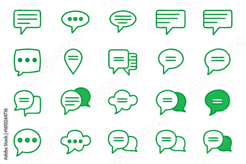 Collection of communication and dialogue symbols featuring speech bubbles and messaging graphics in a clean modern line art style