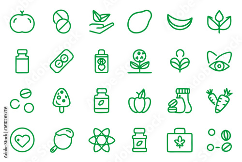 Comprehensive collection of graphic symbols representing health fitness and wellness products including supplements and nutritional aids for active lifestyles