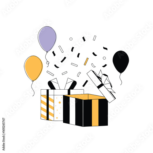 Colorful illustration of a birthday gift box with balloons, perfect for a fun party celebration and holiday surprise present decoration