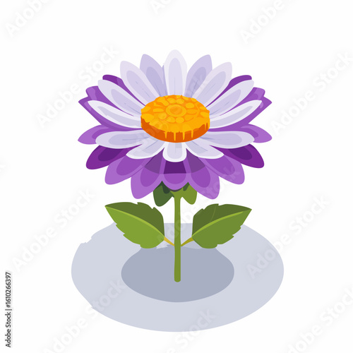 Captivating isometric illustration of a purple and white daisy showcasing delicate petals