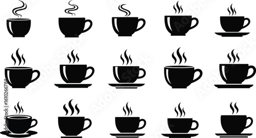 Vector art of a collection of steaming coffee cup silhouettes, perfect for representing hot beverages and relaxation