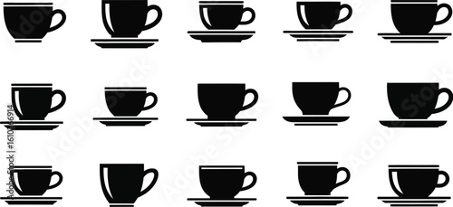 Vector art of a set of coffee cup and saucer silhouettes, ideal for representing various coffee drinks and breakfast themes