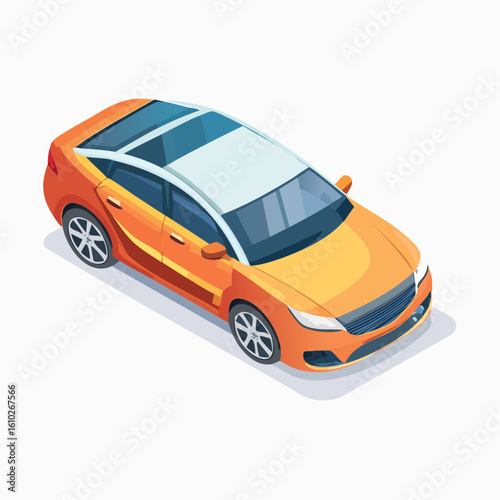 Isometric view of a modern orange car with a panoramic sunroof on a white background