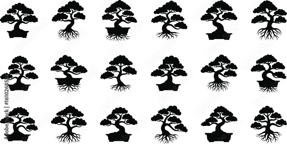 Fototapeta premium Vector art of a collection of bonsai tree silhouettes represents the art of miniature gardening