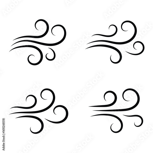 Wind gust icon in doodle hand drawn style. Sketch drawn air blow motion, smoke flow art, abstract line. Wind icon collection. Blowing wind signs in black color.