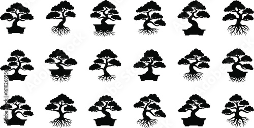 Vector art of a collection of bonsai tree silhouettes represents the art of miniature gardening