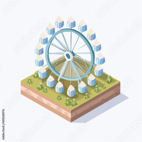 Isometric Ferris Wheel Illustration in a Park Setting with Geometric Landscaping