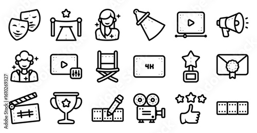 Cinematography icon set related to movie, film, cinema, filmography, television, entertainment, industry and others. vector illustration with line and outline style