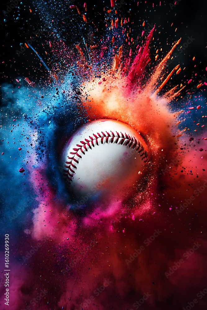 Fototapeta premium Baseball exploding through a colorful cloud of powder, creating a dynamic and vibrant scene