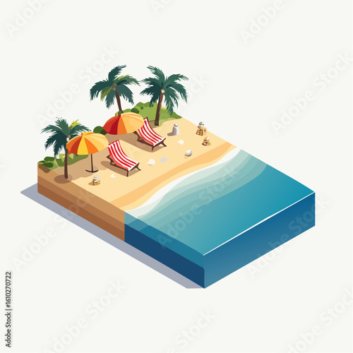 Isometric tropical beach scene with palm trees, umbrellas and deck chairs on a sunny day