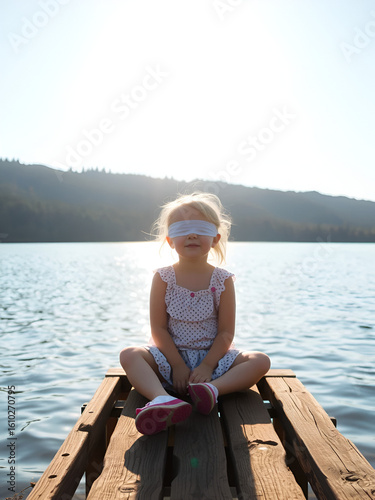 In harmony with nature, alone with himself. A little girl sits on a wooden pier near the lake. The sun blinds the eyes. Campaigns and adventures. Happy childhood, lifestyle concept.