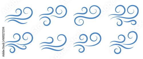 Set of hand draw wind line with doodle style. Wind hand drawn swirl doodle sketch element set. Air wave motion line, wind storm hand drawing, hand drawn gust weather effect. Vector illustration.