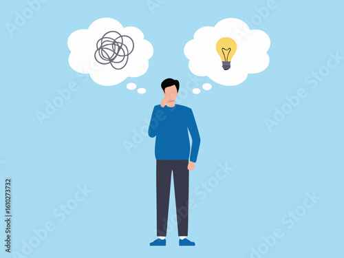 Man Thinking with Confused and Idea Thoughts in Speech Bubbles