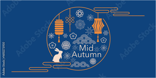 Mid autumn festival illustration. Asia traditional patterns and bunny decoration banner for Mid autumn festival. Vector illustration.