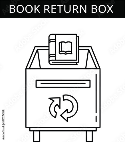 Line art illustration showcases a book return box with a book placed inside, featuring a recycling symbol, ideal for library or educational content, conveying simplicity and clarity.