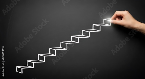 Hand drawing steps on a blackboard representing career growth and success highlighting the pathway to reach the top rung