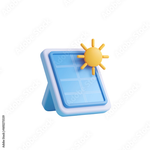 3d rendering of a solar panel with a sun icon isolated on transparent background
