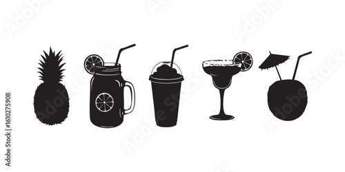 Refreshing tropical drink silhouettes, including pineapple, coconut, and citrus beverages