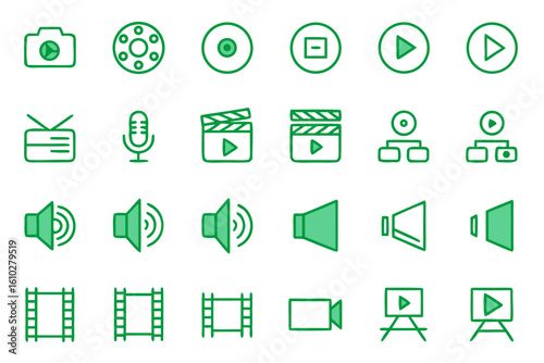 Collection of clean modern line art icons representing audio and video playback recording and media controls with customizable stroke weight