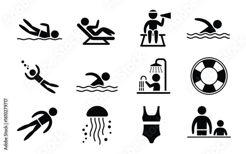 Swimming and beach activities icon set
