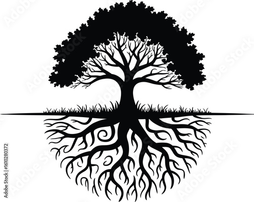 Majestic tree silhouette with sprawling roots and foliage