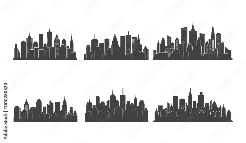Fototapeta premium Collection of urban city skyline silhouettes isolated on white background