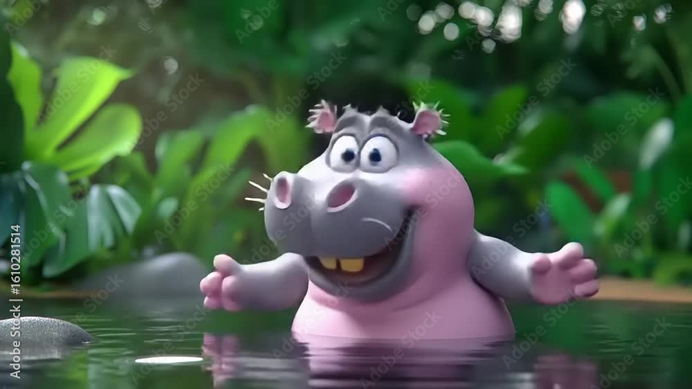 Charming Hippo Waving and Splashing in a Lush Green Pond Animation Sequence