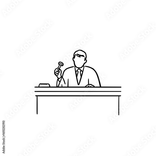 A person in a suit holding a gavel behind a desk in a black and white line drawing illustration style