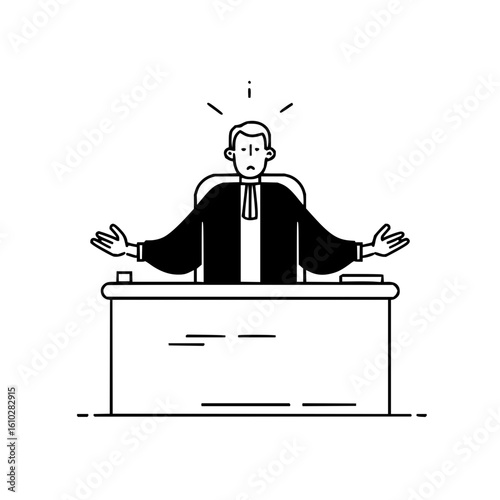 Judge with robe sitting at desk with hands up in the air and light above his head in black and white