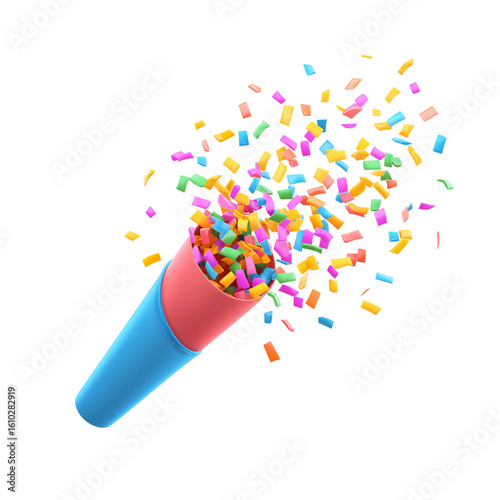 Party popper exploding with colorful confetti isolated on transparent background