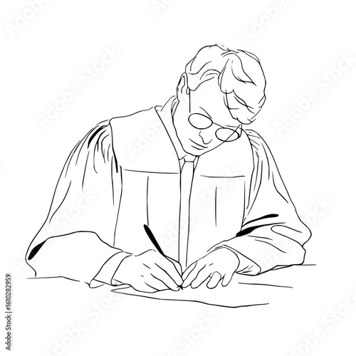 Illustration of a judge in robes writing with a pen on paper at a desk with glasses and focused look