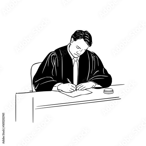 A judge in a robe sitting at a desk writing on paper with a pen in a courtroom with gavel visible