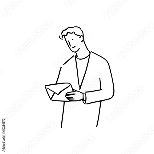 Man in a suit reading a letter with a happy expression in a simple black and white line drawing style