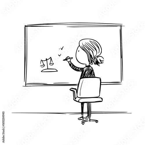 A woman drawing a balance scale on a whiteboard while sitting on a chair in a simplistic sketch style
