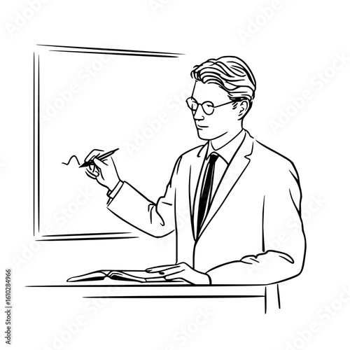Man in suit writing on whiteboard with pen and book on table in black and white line drawing style art