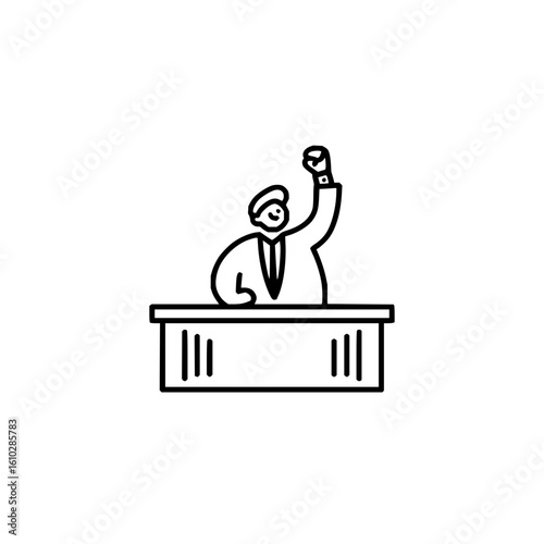 Illustration of a man standing behind a desk with his fist raised in the air in a triumphant gesture