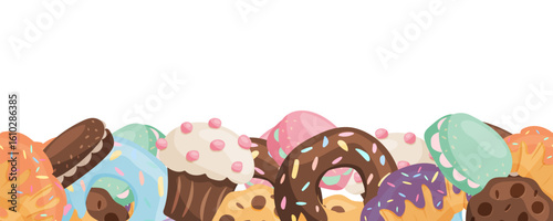 Vector seamless border featuring a variety of donuts, muffins and croissants with colorful frosting and sprinkles, forming a bottom design element. Suitable for bakery, dessert, breakfast and sweet