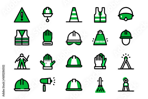 Collection of simplified safety symbols and warning signs for workplace hazard prevention and security awareness