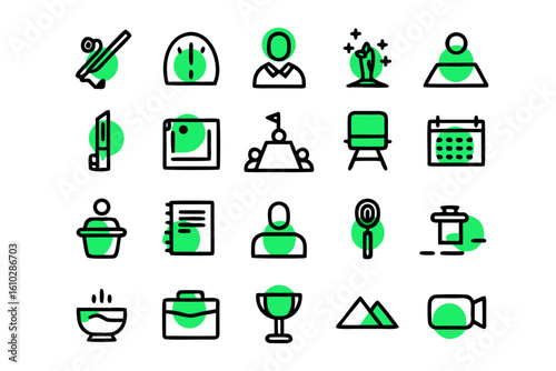 A comprehensive collection of modern line art symbols representing the concept of being overworked and dedicated to professional pursuits