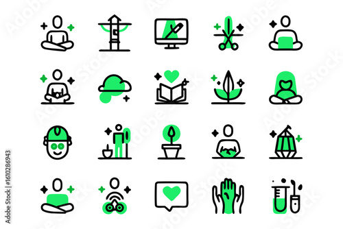 Modern line art iconography collection for workaholic lifestyles showcasing productivity and professionalism in a clean design