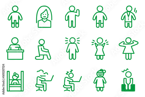 Collection of stylized line graphics representing dedication to work featuring concepts of productivity and professional commitment in a modern visual style