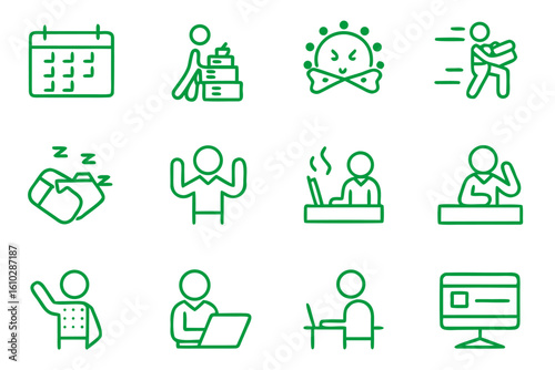 Collection of stylized line art graphics representing dedication commitment and tireless effort in professional pursuits with a vibrant color palette