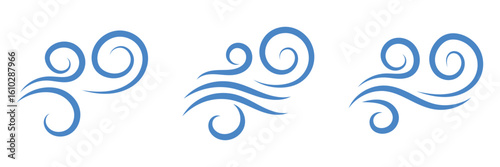Wind blow line set in doodle style. Blue hand drawn wind swirls and gusts. Decorative breeze symbols for weather, nature, and climate designs. Vector illustration. EPS 10