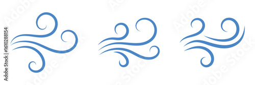 Wind blow line set in doodle style. Blue hand drawn wind swirls and gusts. Decorative breeze symbols for weather, nature, and climate designs. Vector illustration. EPS 10
