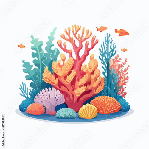 Vibrant Coral Reef Ecosystem Featuring Diverse Marine Life and Colorful Vegetation