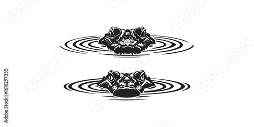 Alligator vector illustration in water, black and white alligator head drawing