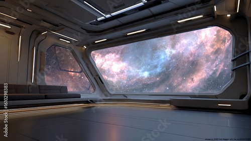 Fototapeta Naklejka Na Ścianę i Meble -  Futuristic spaceship interior with a stunning panoramic view of a colorful nebula